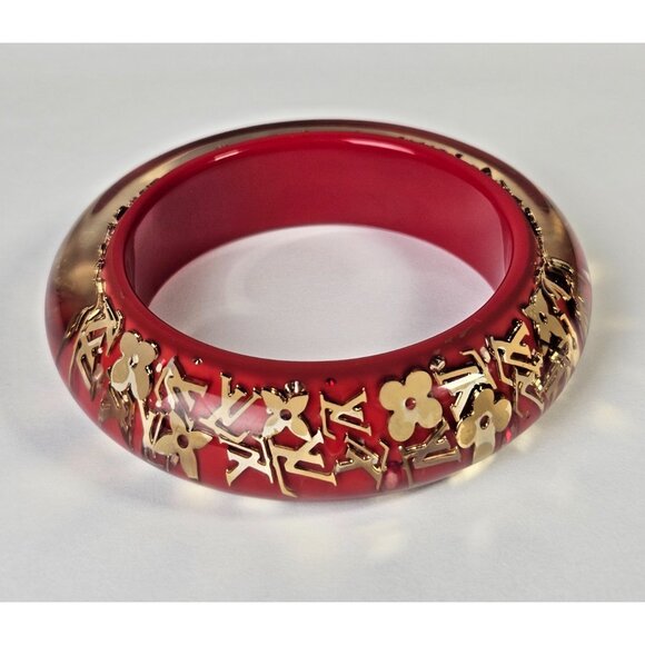 LOUIS VUITTON Red Monogram Inclusion Bracelet GM Charm Bangle Gold LV Logo Charm - Picture 11 of 14